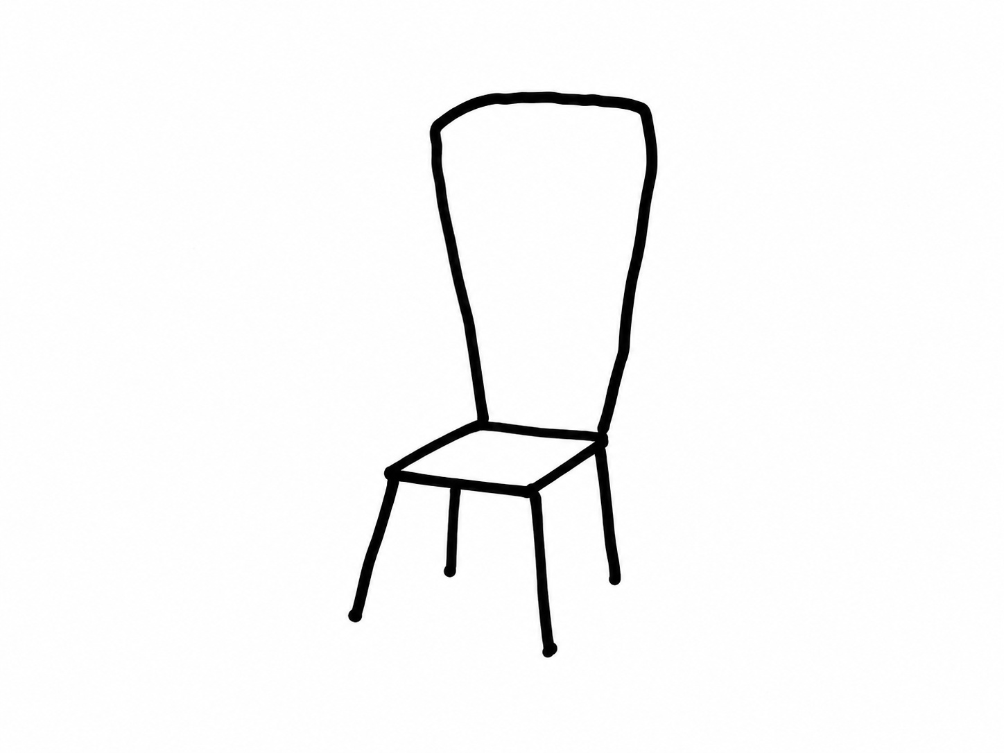 A black-marker empty chair has an oversized back, tiny seat and four mismatched legs.