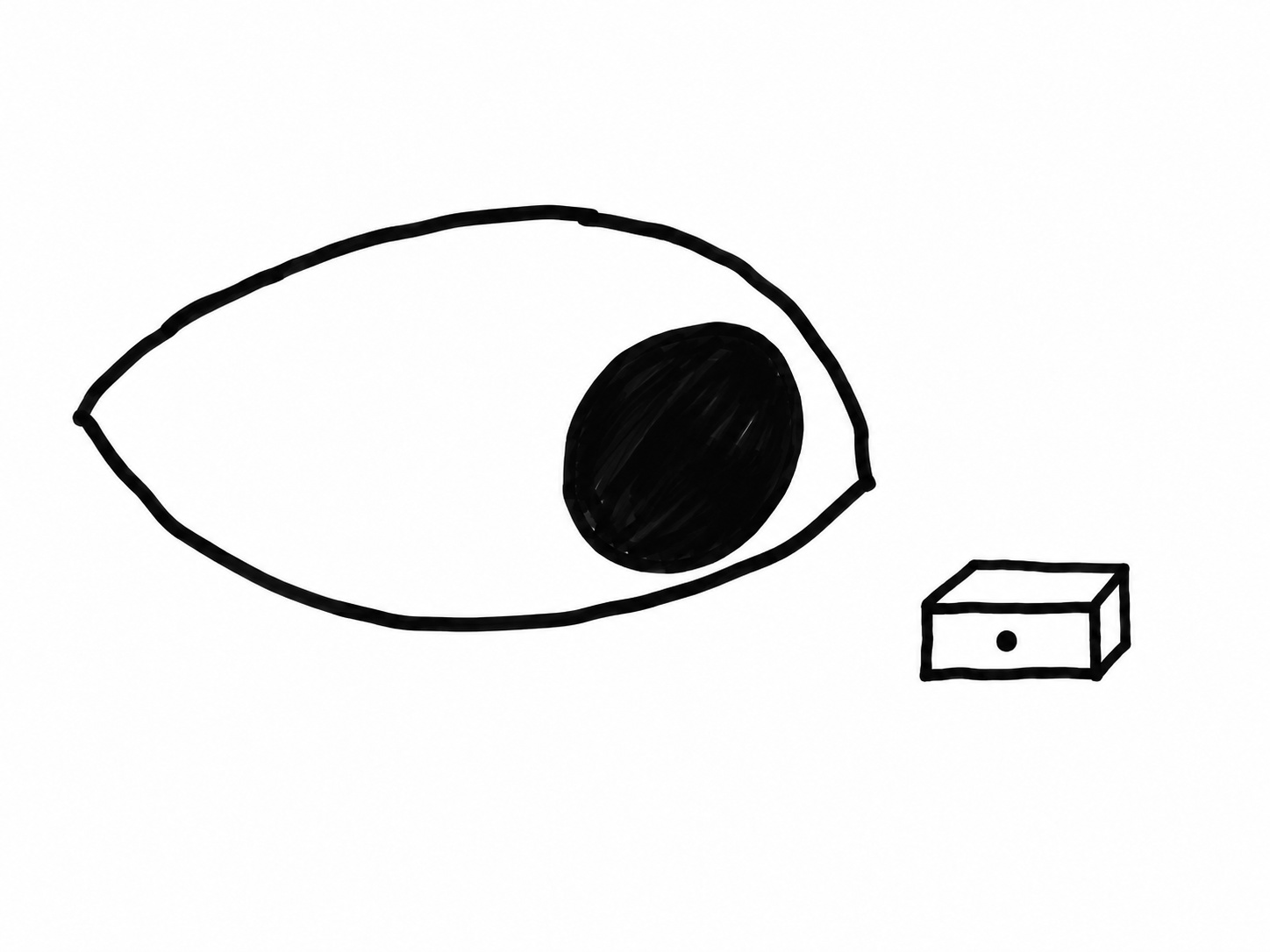 An enormous lopsided black-marker eye stares at a tiny closed cash box.