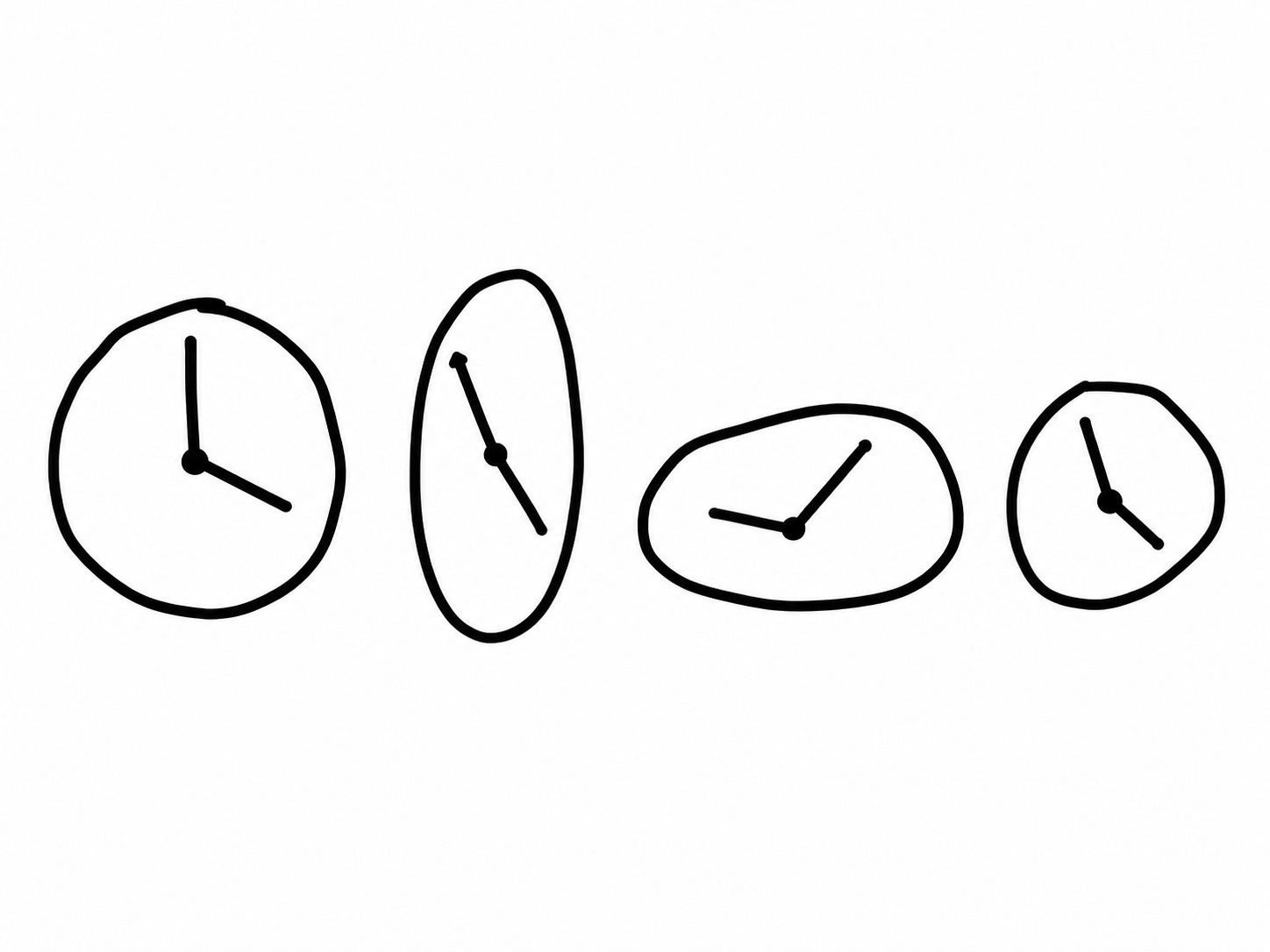 Four uneven black-marker clocks have different shapes and hand positions.