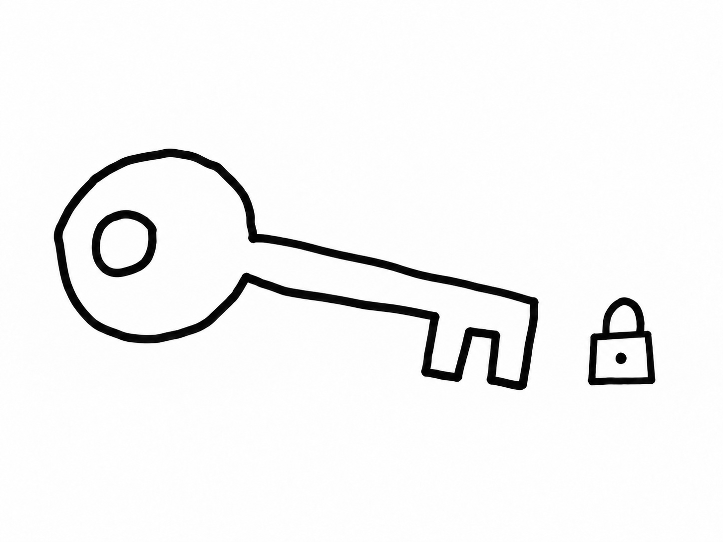 An enormous crooked black-marker key sits beside a tiny closed padlock.