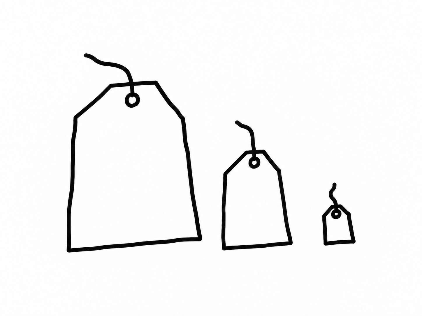 Three blank black-marker price tags shrink from absurdly large to very small.