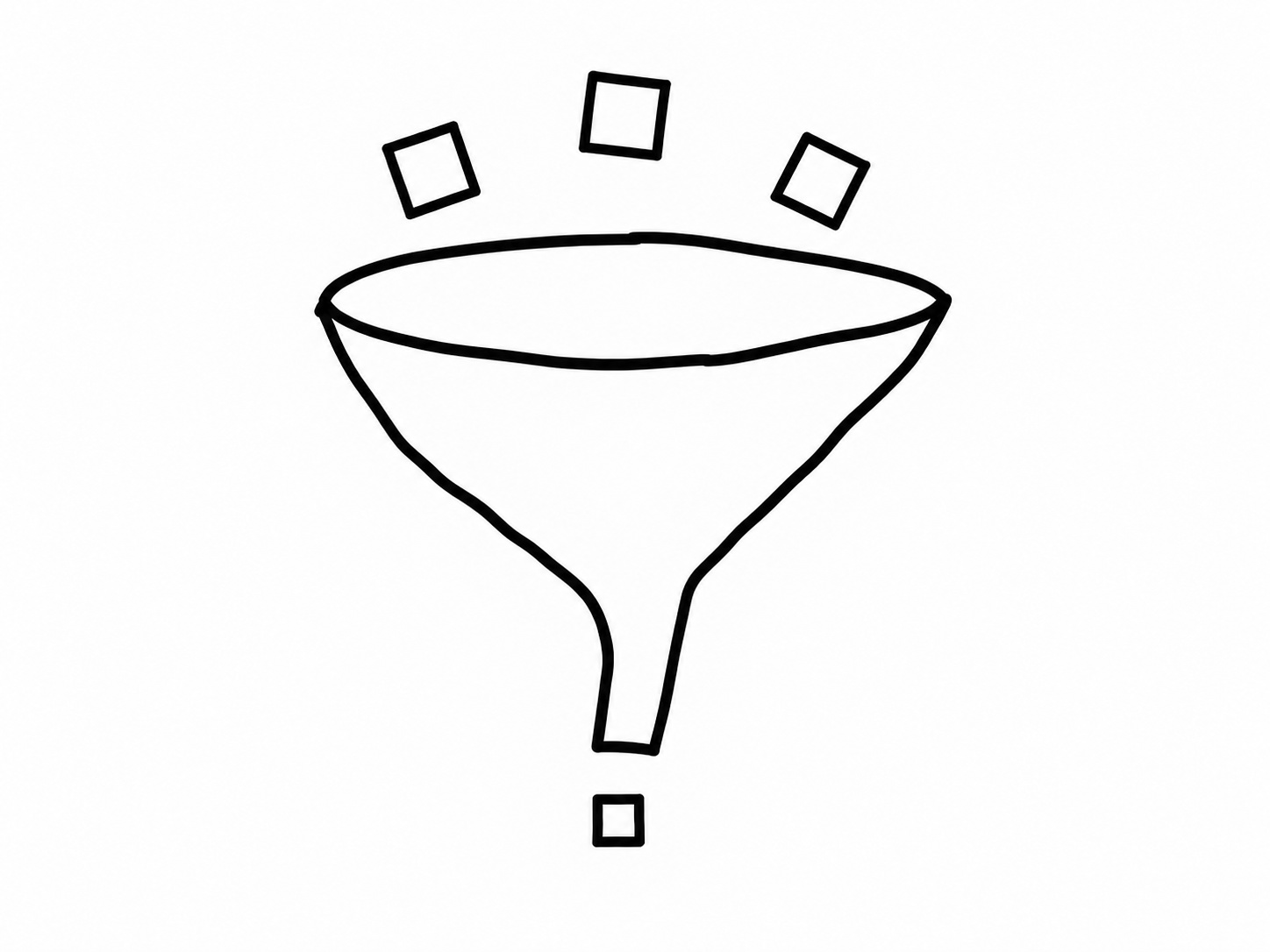 Three black-marker squares hover above a wonky funnel and one small square sits below it.